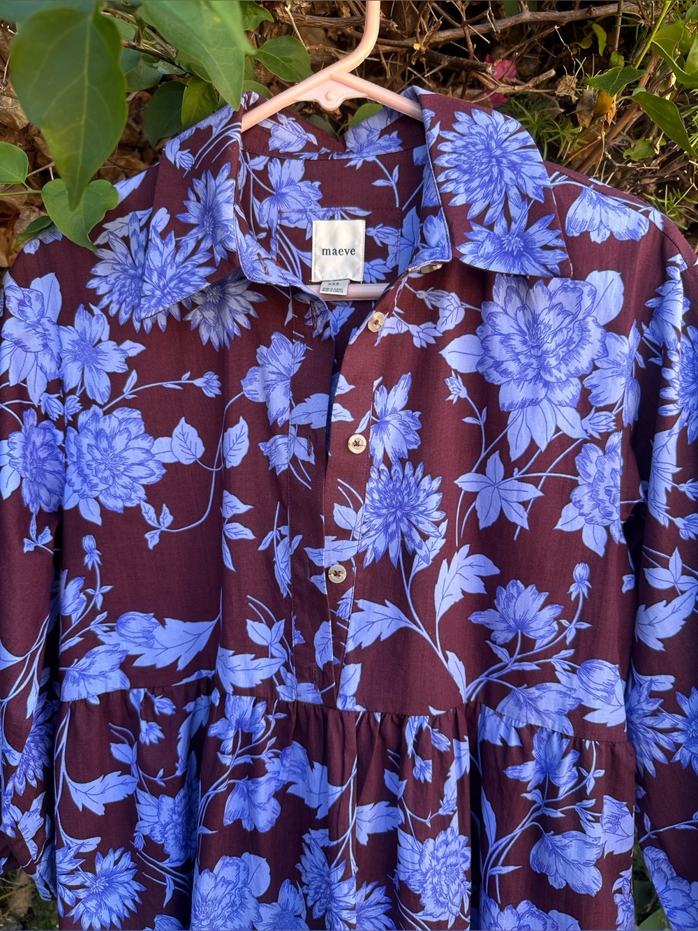 Anthropologie Maeve The Bettina Tiered Shirt Dress Maroon Blue Floral Sz XXS - Picture 6 of 14